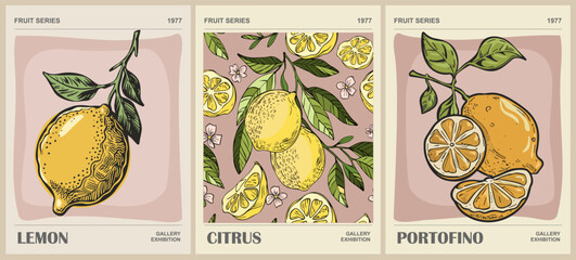 Set of abstract Fruit Market retro posters. Trendy kitchen gallery wall art with lemon fruits. Modern naive groovy funky interior decorations, paintings. Vector art illustration.