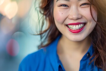 Wall Mural - asian woman smiling in a blue shirt