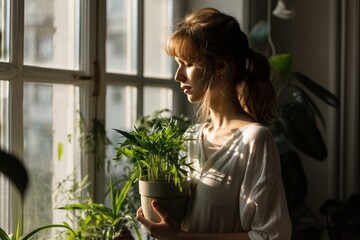 Wall Mural - Young woman taking care of green house plants at home. Indoor gardening hobby. Millennial person holding potted plant. Gardening urban jungle.	