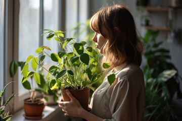 Wall Mural - Young woman taking care of green house plants at home. Indoor gardening hobby. Millennial person holding potted plant. Gardening urban jungle.	