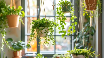 indoor hanging plants at home. trailing and hanging house plants on window background. home space wi