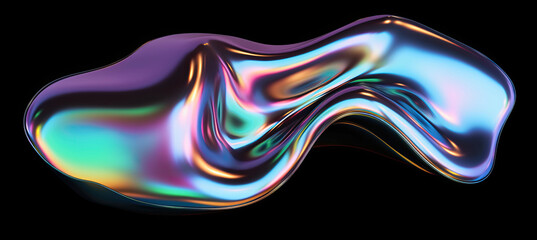bold holographic liquid blob shape isolated. iridescent wavy melted substance on black background