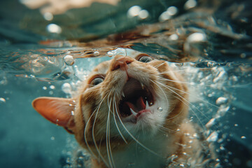 Wall Mural - Funny cat underwater catching fish funny and curious kitten underwater