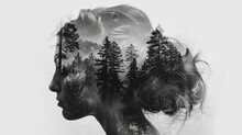 Double Exposure Of A Woman's Head With Forest Landscape In The Background