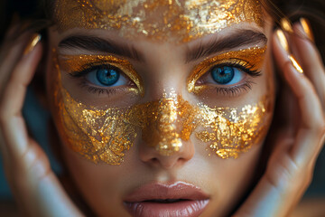 Poster - Luxurious golden makeup on the face of a beautiful woman, eye detail close up. Gold hydration mask product skincare and cosmetics concept banner portrait.