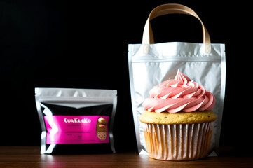 Wall Mural - gift box with a gift cupcake with cherry