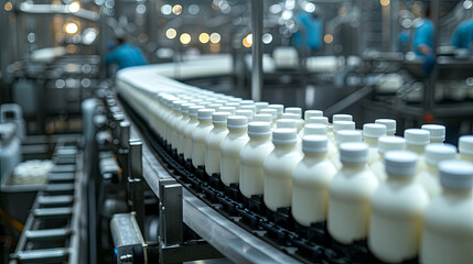Wall Mural - Production milk in bottles in a factory, food industry concept