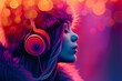 Beautiful woman in purple and pink with headphones or Ear muffs on, abstract background for Ear Muff Day 