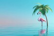 Pink flamingo and palm tree on blue summer background 3D Rendering