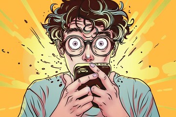 A man wearing glasses is focused on his cell phone screen, scrolling and reading messages or browsing information. Generative AI
