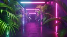 Background Of The Dark Room Tunnel Corridor Neon Light Lamps Tropical Leaves 