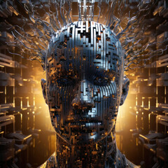 Wall Mural - Realistic Artificial intelligence. Computer mind connections head. Human 3D head with circuit board inside. Engineering concept. Technology web background. Virtual concept