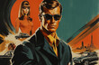 Classic spy movie poster in the art style of the 50s and 60s. The poster shows the main characters of the movie and footage of car chases.