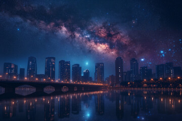 Wall Mural - A milky way and a satellite over a city skyline and a bridge.