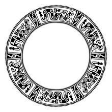 Circle frame with Aztec serpent pattern. Border made with a motif similar to a cylindrical clay stamp of ancient Mexico, found in Veracruz. Coatl, the snake, is the fifth day sign in Aztec calendar.