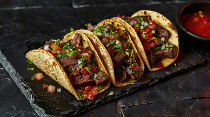 Wall Mural - Mexican food. Beef and vegetable tacos on a tray. Generated by artificial intelligence.