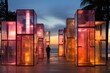 An outdoor modern art installation on a promenade, featuring illuminated glass boxes in warm orange and pink hues at dusk, with a silhouette of a person walking through