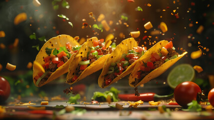Wall Mural - Mexican food. Falling tacos. Beef and vegetable tacos. Generated by artificial intelligence.