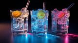 Kolorowy drink na tle neonowych świateł klubowych - zimny napój schłodzony lodem ze słomką w przezroczystej szklance