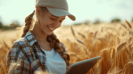 Poster - Female farmer smile little wearing a cap and plaid shirt is absorbed in using a tablet among the golden wheat fields. Generative AI.