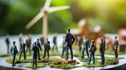 Blurred investors and technicians discuss wind turbine power generation for business esg ideas