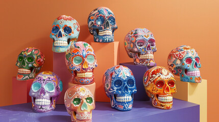 A colorful display of sugar skulls next to one another. Generated by artificial intelligence.