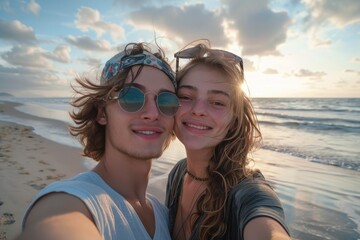 Young couple is taking selfie on the beach