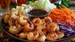 Japanese tempura shrimp and vegetable platter served with tentsuyu dipping sauce