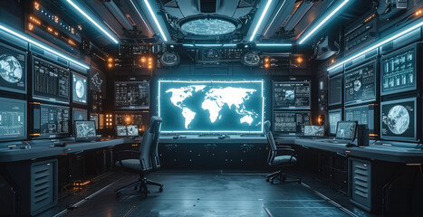 Poster - A monitor wall with a massive screen and some smaller screens surrounding it in a futuristic military base. Generative AI.