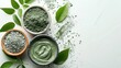 © visoot - A big copy space with Exfoliating scrub with green clay and natural ingredients Beauty mask applied on white background. top view. Generative AI.