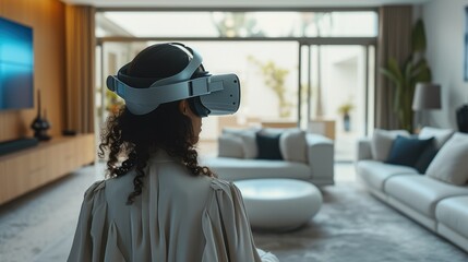 Aufkleber - A person wearing a mixed reality headset in their modern living room. Generative AI.