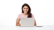 © drizzlingstarsstudio - Young, self-assured woman with a grin on her face using a laptop isolated against a stark white background
