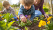 A family Easter garden planting, with generations planting flowers and herbs, symbolizing growth, renewal, and the beauty of shared activities that connect family members.