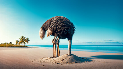 ostrich burying its head in the sand on a serene beach with clear blue skies and palm trees in the b