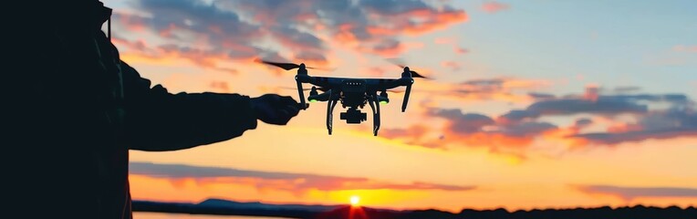 Young man controlling drone during serene sunset capturing essence of modern aerial technology and photography showcasing innovation in flight surveillance and videography with silhouette evening sky