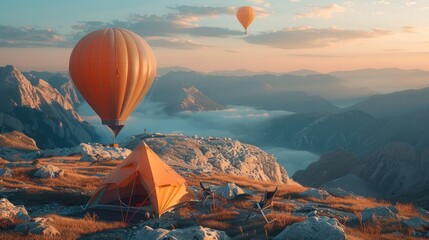 Wall Mural - A camping on the mountain top with a camping tent and chairs and a hot air balloon. Generative AI.