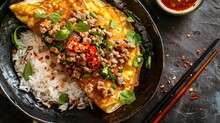 Thai Kai Jeow Omelette With Minced Pork, Onions, And Chilies, Served With Rice And Sriracha Sauce