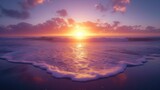 Fototapeta  - Beautiful golden purple and blue sunset over the calm ocean horizon. Generative AI.