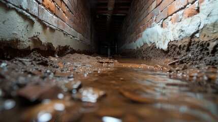 Wall Mural - A dark dirty wet crawl space, brick or concrete. Generative AI.