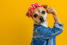 Strong Woman Dog Raises Arm And Shows Bicep On Yellow Background. Support Animal Rights, Activism. Female Power, Feminism. Retro Style. We Can Do It! International Women's Day Creative Concept