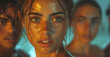 Close-up of a young woman's face with water droplets, intense gaze, with blurred figures in the background.