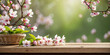 cherry blossom Podium display stage with wooden and natural sakura in full bloom spring nature background