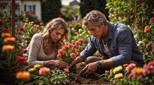 Man And Woman Planting Flowers