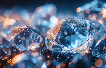 Wall Mural - Brilliant diamonds on a reflective surface with soft blue lighting and bokeh, symbolizing luxury and wealth.