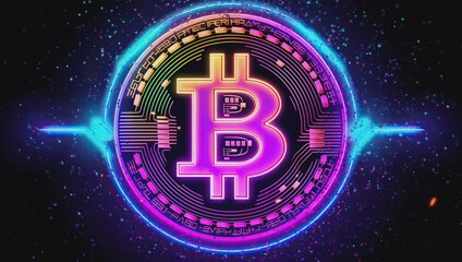 Wall Mural - In a cyberpunk aesthetic, a Bitcoin symbol gleams amidst bold pink and purple neons set against a dark backdrop, echoing the future of digital currency