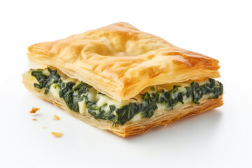 Wall Mural - Puff pastry pie with spinach and cheese. Delicious snack on a white background