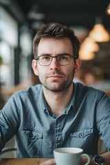 alex, a software developer, exudes a quiet confidence with neatly trimmed hair and glasses. casual i