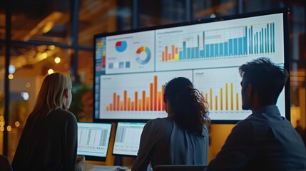 Professionals in a meeting discuss data analytics and business growth visualized on a large digital display.