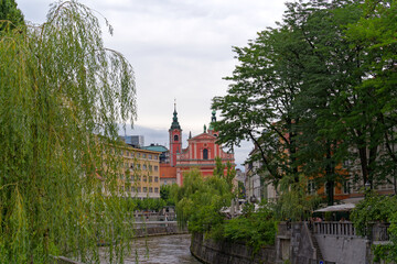 Wall Mural - Ljubljanica River with trees at the old town of Slovenian City of Ljubljana on a cloudy summer day. Photo taken August 9th, 2023, Ljubljana, Slovenia.