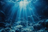 Fototapeta Do akwarium - Underwater seascape with sunbeams illuminating ocean depths showcasing serene beauty of marine life and coral reefs tranquil travel destination for diving enthusiasts, capturing clear turquoise waters